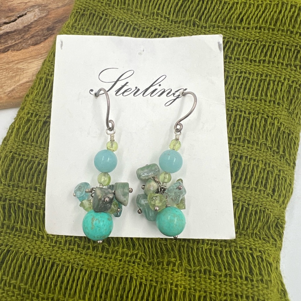 New Sterling Silver Cluster Drop Earrings w/ Turquoise, Peridot & Aquamarine gem